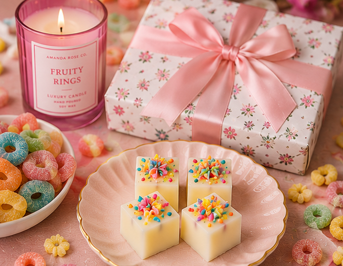 Candle, gift box, and wax melts on a pink surface with colorful candies.