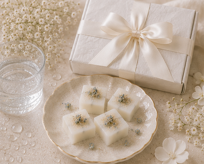 Decorative soap cubes on a plate with a wrapped gift and glass of water on a floral background