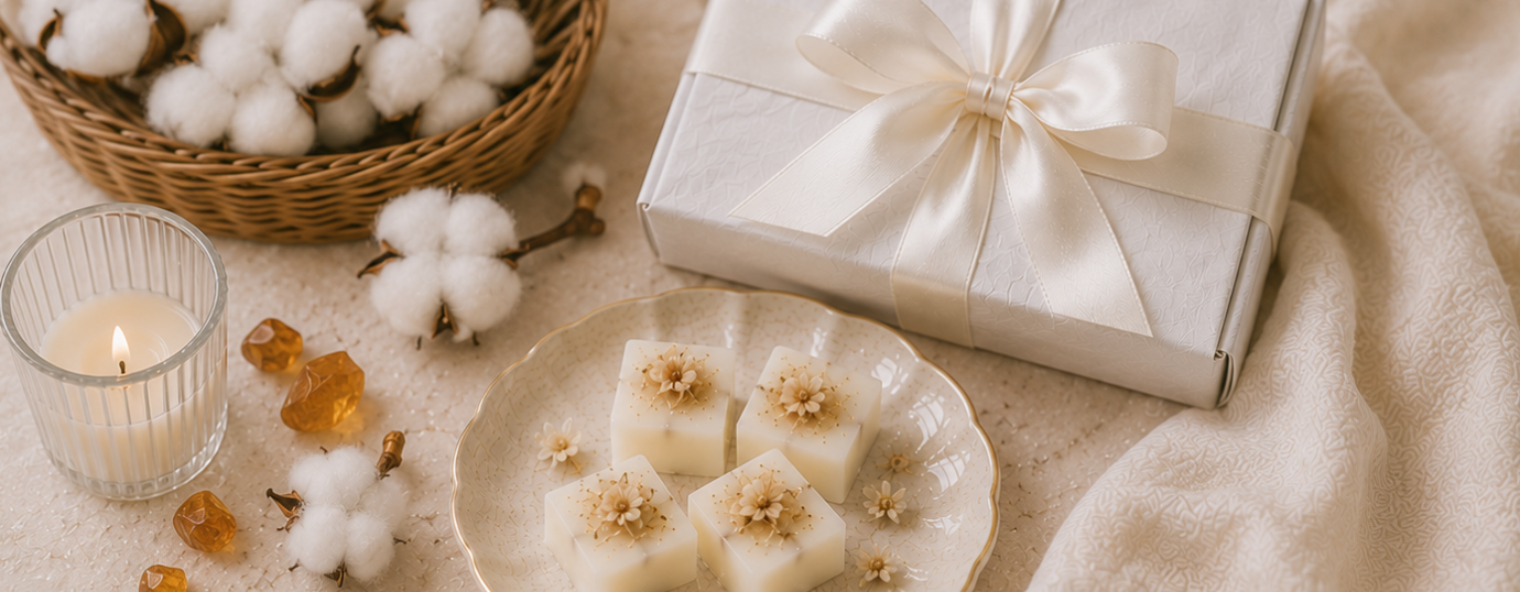 Gift box with a bow, candle, and wax melts on a soft surface with cotton flowers.