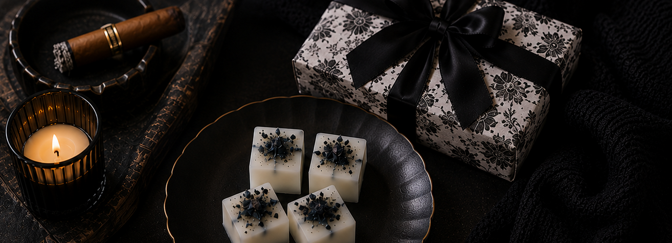 Decorative black and white gift box with a bow, candles, and black and white wax tarts on a dark surface.