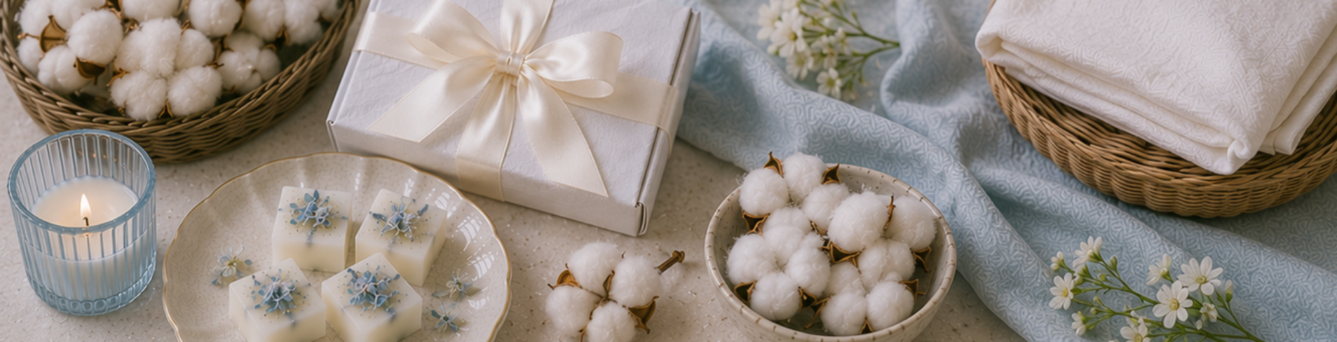 Decorative setting with cotton balls, a wax melt gift box, and candles on a textured surface.