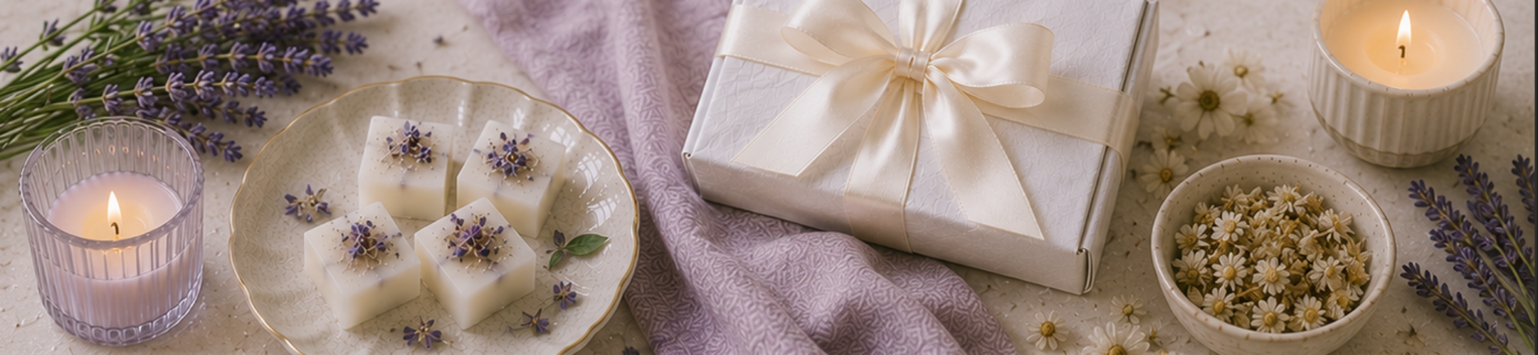 Gift box full of wax tarts with a bow, lavender soap, and candles on a textured surface.
